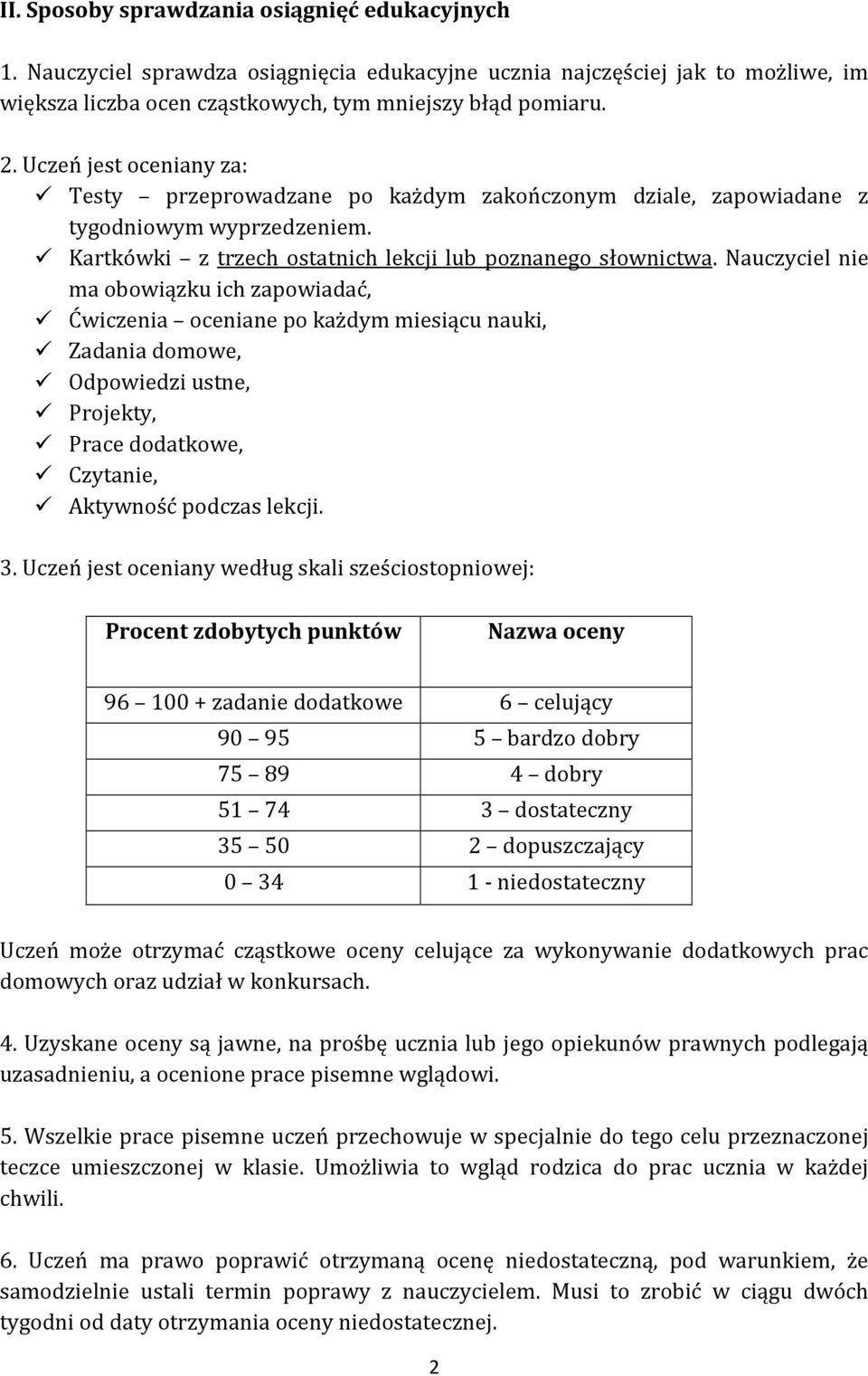 Nauczyciel nie ma obowiązku ich zapowiadać, Ćwiczenia oceniane po każdym miesiącu nauki, Zadania domowe, Odpowiedzi ustne, Projekty, Prace dodatkowe, Czytanie, Aktywność podczas lekcji. 3.