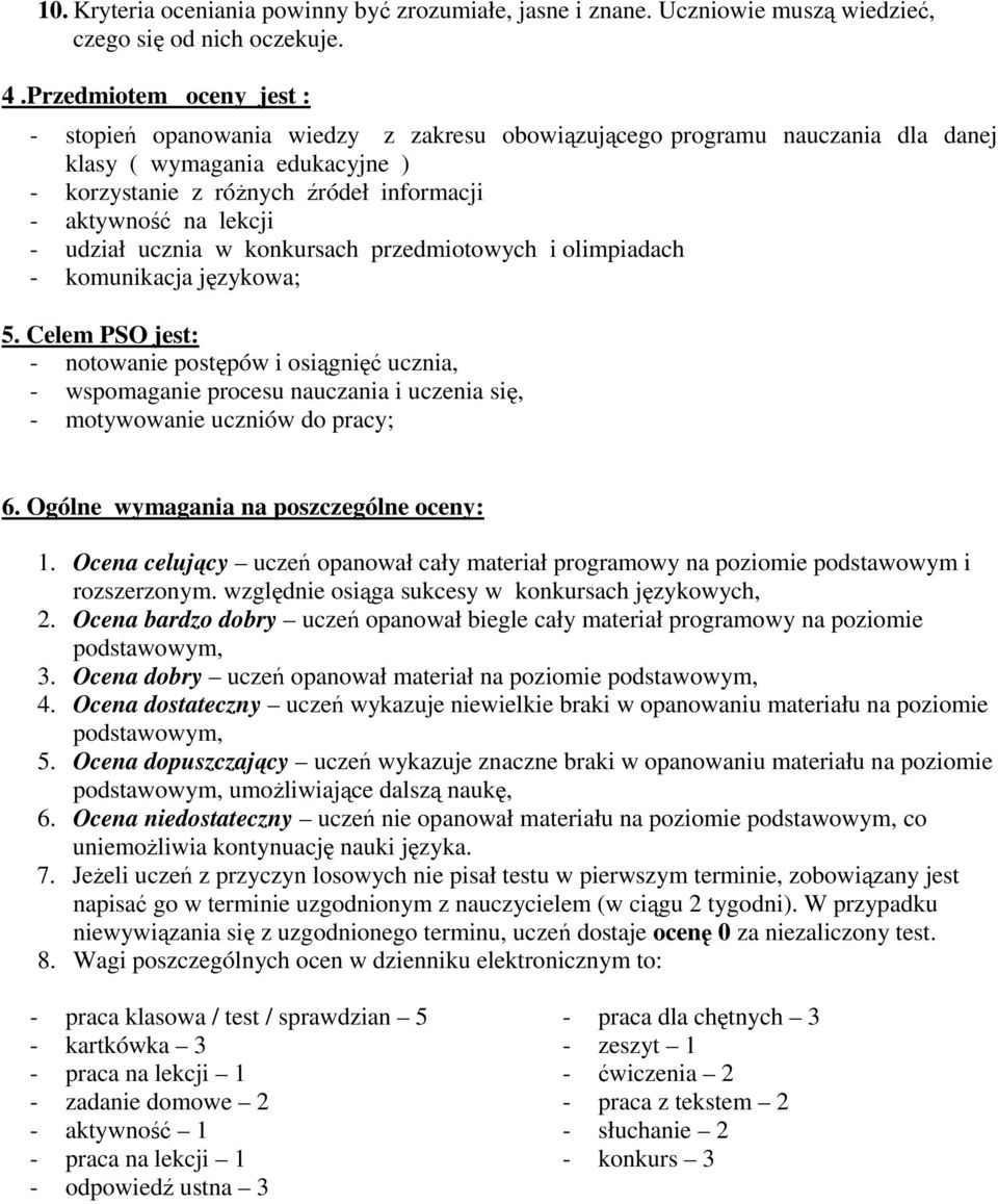 lekcji - udział ucznia w konkursach przedmiotowych i olimpiadach - komunikacja językowa; 5.