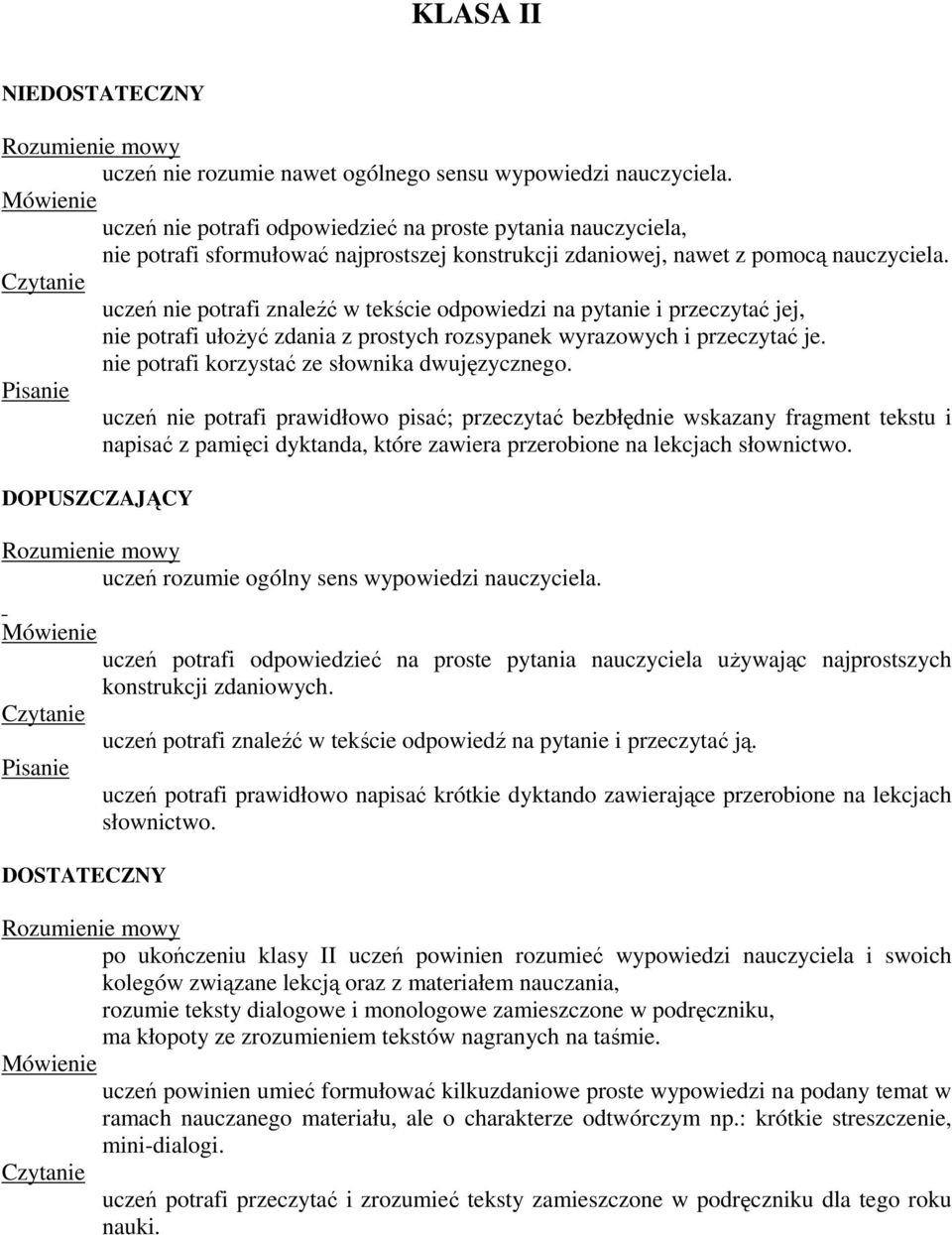 uczeń nie potrafi znaleźć w tekście odpowiedzi na pytanie i przeczytać jej, nie potrafi ułoŝyć zdania z prostych rozsypanek wyrazowych i przeczytać je. nie potrafi korzystać ze słownika dwujęzycznego.