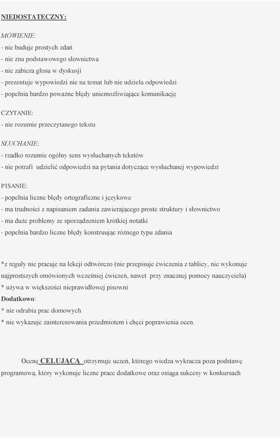 PISANIE: - popełnia liczne błędy ortograficzne i językowe - ma trudności z napisaniem zadania zawierającego proste struktury i słownictwo - ma duże problemy ze sporządzeniem krótkiej notatki -