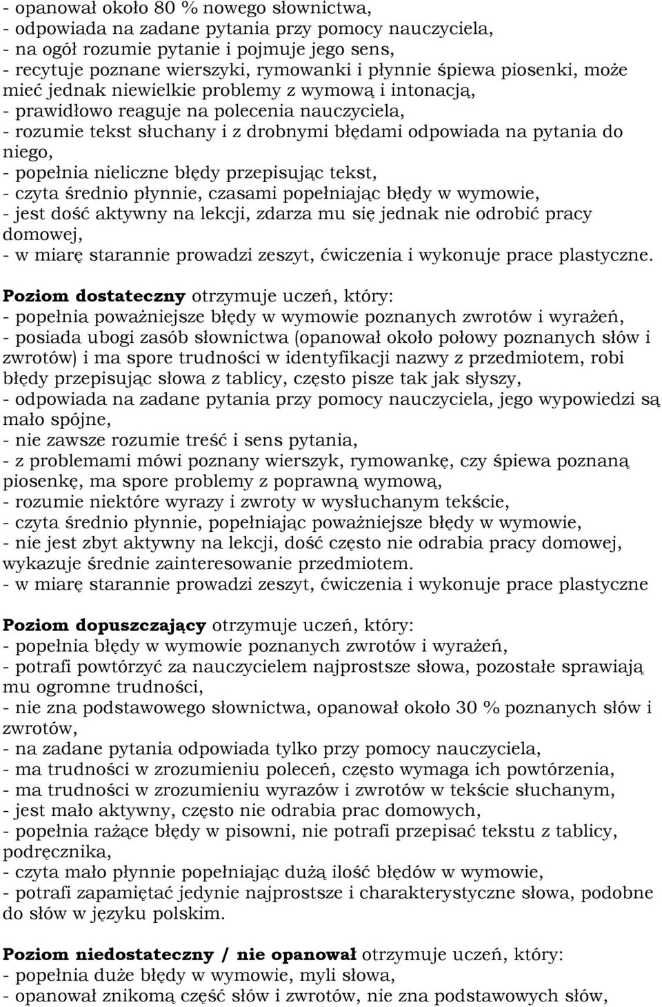 popełnia nieliczne błędy przepisując tekst, - czyta średnio płynnie, czasami popełniając błędy w wymowie, - jest dość aktywny na lekcji, zdarza mu się jednak nie odrobić pracy domowej, - w miarę