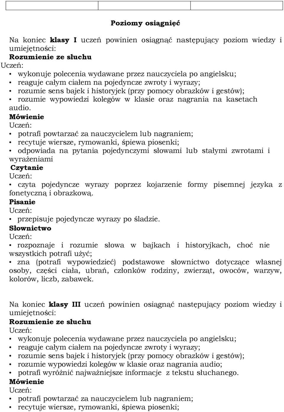 Mówienie potrafi powtarzać za nauczycielem lub nagraniem; recytuje wiersze, rymowanki, śpiewa piosenki; odpowiada na pytania pojedynczymi słowami lub stałymi zwrotami i wyrażeniami Czytanie czyta