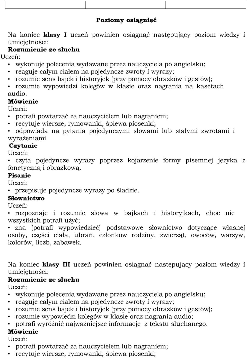 Mówienie potrafi powtarzać za nauczycielem lub nagraniem; recytuje wiersze, rymowanki, śpiewa piosenki; odpowiada na pytania pojedynczymi słowami lub stałymi zwrotami i wyrażeniami Czytanie czyta