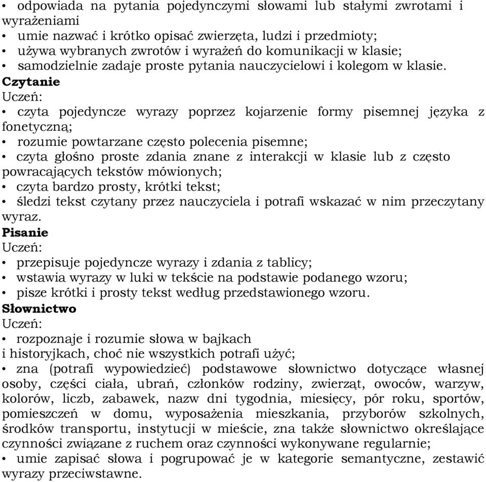 Czytanie czyta pojedyncze wyrazy poprzez kojarzenie formy pisemnej języka z fonetyczną; rozumie powtarzane często polecenia pisemne; czyta głośno proste zdania znane z interakcji w klasie lub z