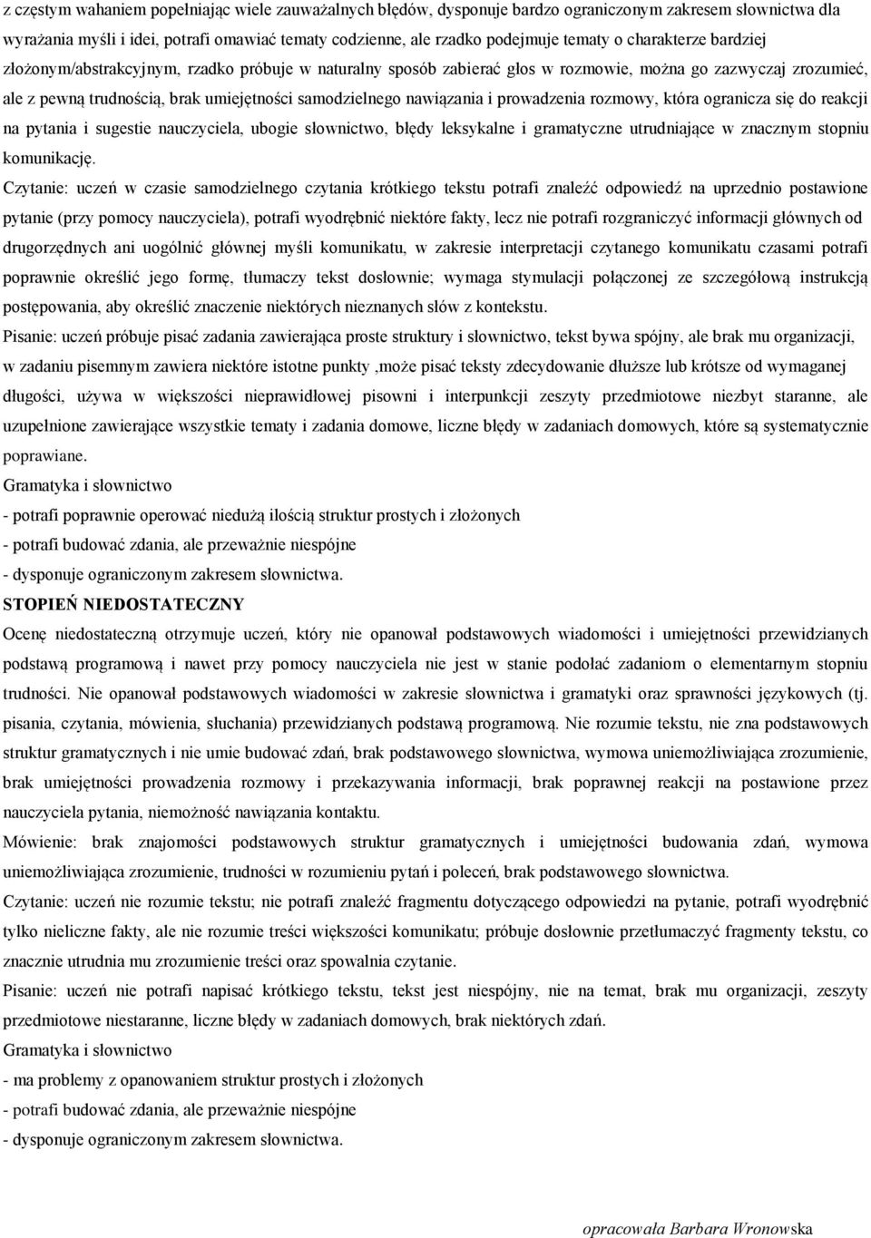 nawiązania i prowadzenia rozmowy, która ogranicza się do reakcji na pytania i sugestie nauczyciela, ubogie słownictwo, błędy leksykalne i gramatyczne utrudniające w znacznym stopniu komunikację.