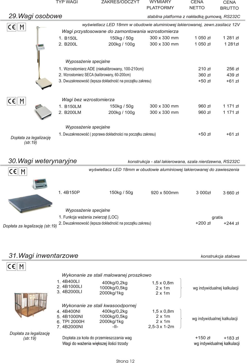 100-210cm) Wzrostomierz SECA (kalibrowany, 60-200cm) Dwuzakresowoœæ (lepsza dok³adnoœæ na pocz¹tku zakresu) 21 36 +5 256 z³ 439 z³ +61 z³ Wagi bez wzrostomierza B150LM B200LM 200kg / 100g 300 x 330