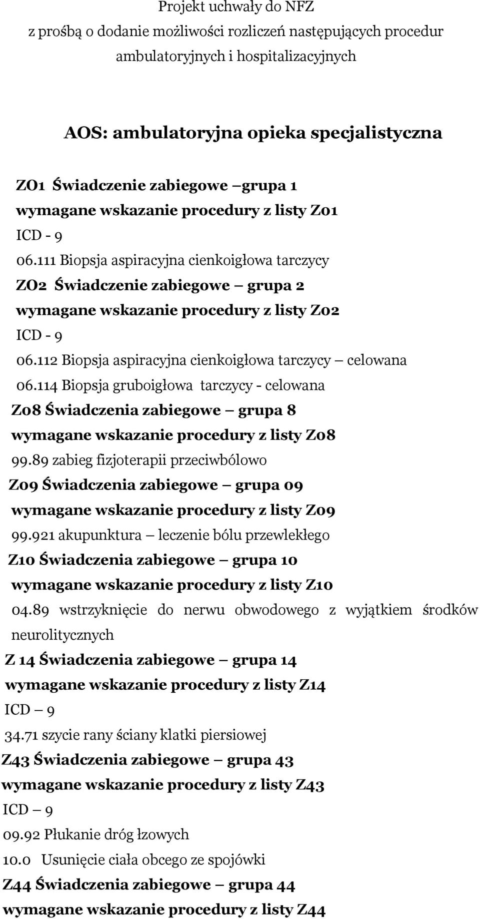 112 Biopsja aspiracyjna cienkoigłowa tarczycy celowana 06.114 Biopsja gruboigłowa tarczycy - celowana Z08 Świadczenia zabiegowe grupa 8 wymagane wskazanie procedury z listy Z08 99.