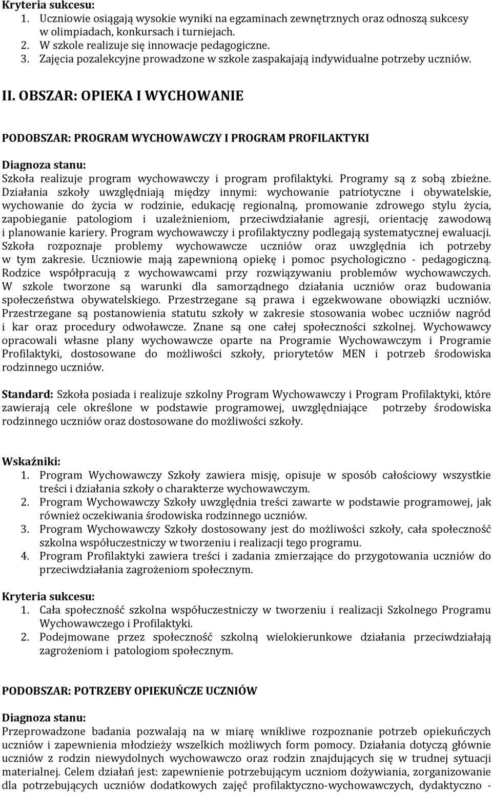 OBSZAR: OPIEKA I WYCHOWANIE PODOBSZAR: PROGRAM WYCHOWAWCZY I PROGRAM PROFILAKTYKI Szkoła realizuje program wychowawczy i program profilaktyki. Programy są z sobą zbieżne.