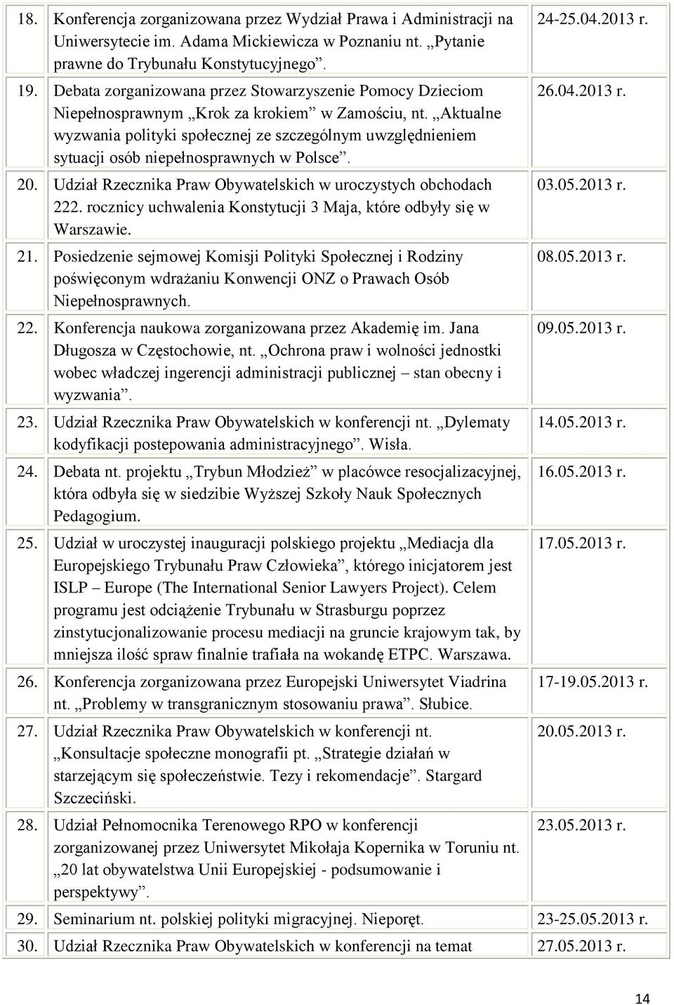 Aktualne wyzwania polityki społecznej ze szczególnym uwzględnieniem sytuacji osób niepełnosprawnych w Polsce. 20. Udział Rzecznika Praw Obywatelskich w uroczystych obchodach 222.