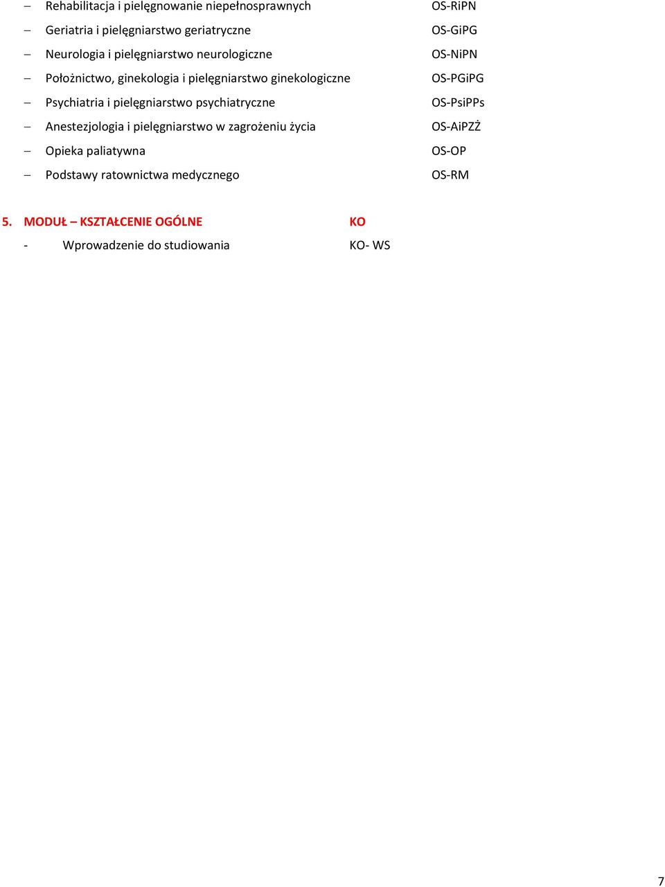 pielęgniarstwo psychiatryczne OS-PsiPPs Anestezjologia i pielęgniarstwo w zagrożeniu życia OS-AiPZŻ Opieka