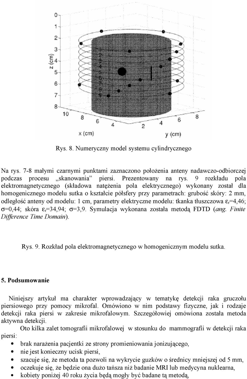 anteny od modelu: 1 cm, parametry elektryczne modelu: tkanka tłuszczowa ε r =4,46; σ=0,44; skóra ε r =34,94; σ=3,9. Symulacja wykonana została metodą FDTD (ang. Finite Difference Time Domain). Rys. 9.