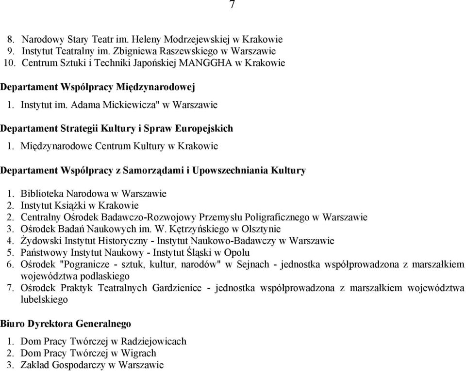 Międzynarodowe Centrum Kultury w Krakowie Departament Współpracy z Samorządami i Upowszechniania Kultury 1. Biblioteka Narodowa w Warszawie 2. Instytut Książki w Krakowie 2.