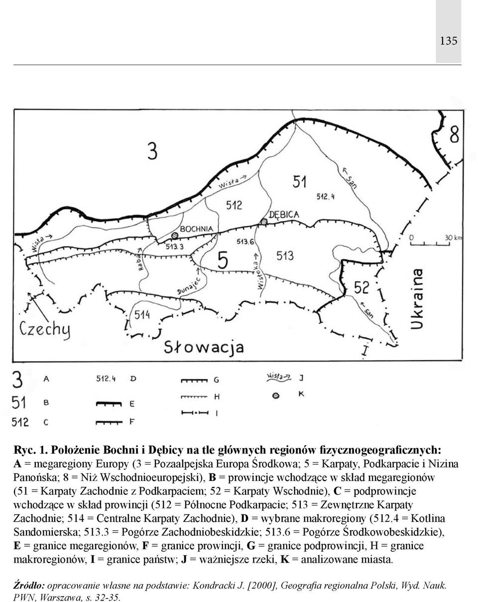 Wschodnioeuropejski), B = prowincje wchodzące w skład megaregionów (51 = Karpaty Zachodnie z Podkarpaciem; 52 = Karpaty Wschodnie), C = podprowincje wchodzące w skład prowincji (512 = Północne
