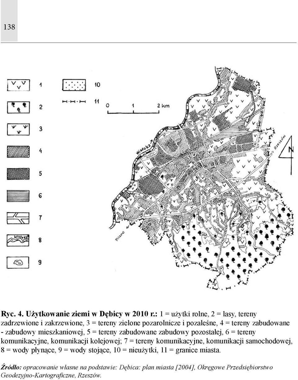 zabudowy mieszkaniowej, 5 = tereny zabudowane zabudowy pozostałej, 6 = tereny komunikacyjne, komunikacji kolejowej; 7 = tereny