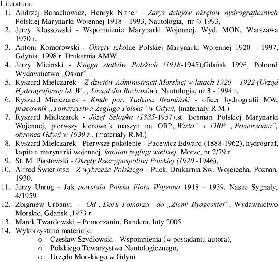 Jerzy Miciński - Księga statków Polskich (1918-1945),Gdańsk 1996, Polnord Wydawnictwo Oskar 5. Ryszard Mielczarek Z dziejów Administracji Morskiej w latach 1920 1922 (Urząd Hydrograficzny M. W., Urząd dla Rozbitków), Nautologia, nr 3-1994 r.