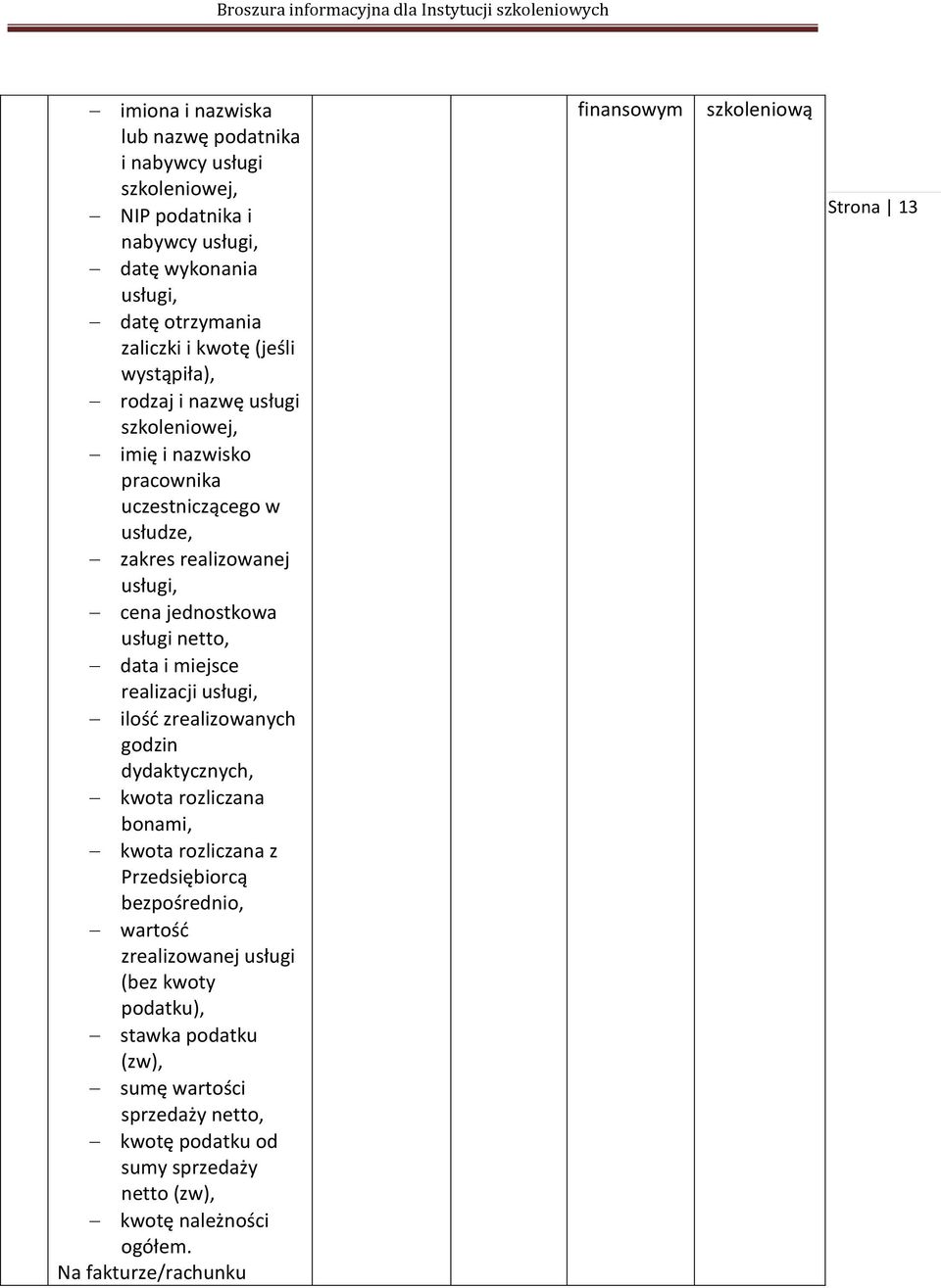 miejsce realizacji usługi, ilość zrealizowanych godzin dydaktycznych, kwota rozliczana bonami, kwota rozliczana z Przedsiębiorcą bezpośrednio, wartość zrealizowanej usługi