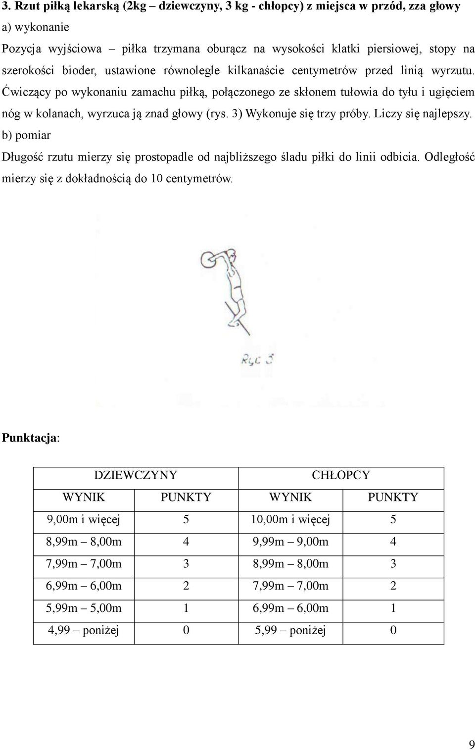 3) Wykonuje się trzy próby. Liczy się najlepszy. b) pomiar Długość rzutu mierzy się prostopadle od najbliższego śladu piłki do linii odbicia. Odległość mierzy się z dokładnością do 10 centymetrów.