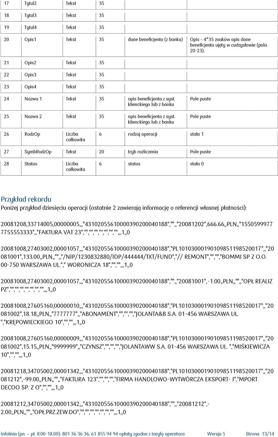 klienckiego lub z banku Pole puste Pole puste 26 RodzOp Liczba całkowita 6 rodzaj operacji stała 1 27 SymbRodzOp Tekst 20 tryb rozliczenia Pole puste 28 Status Liczba całkowita 6 status stała 0