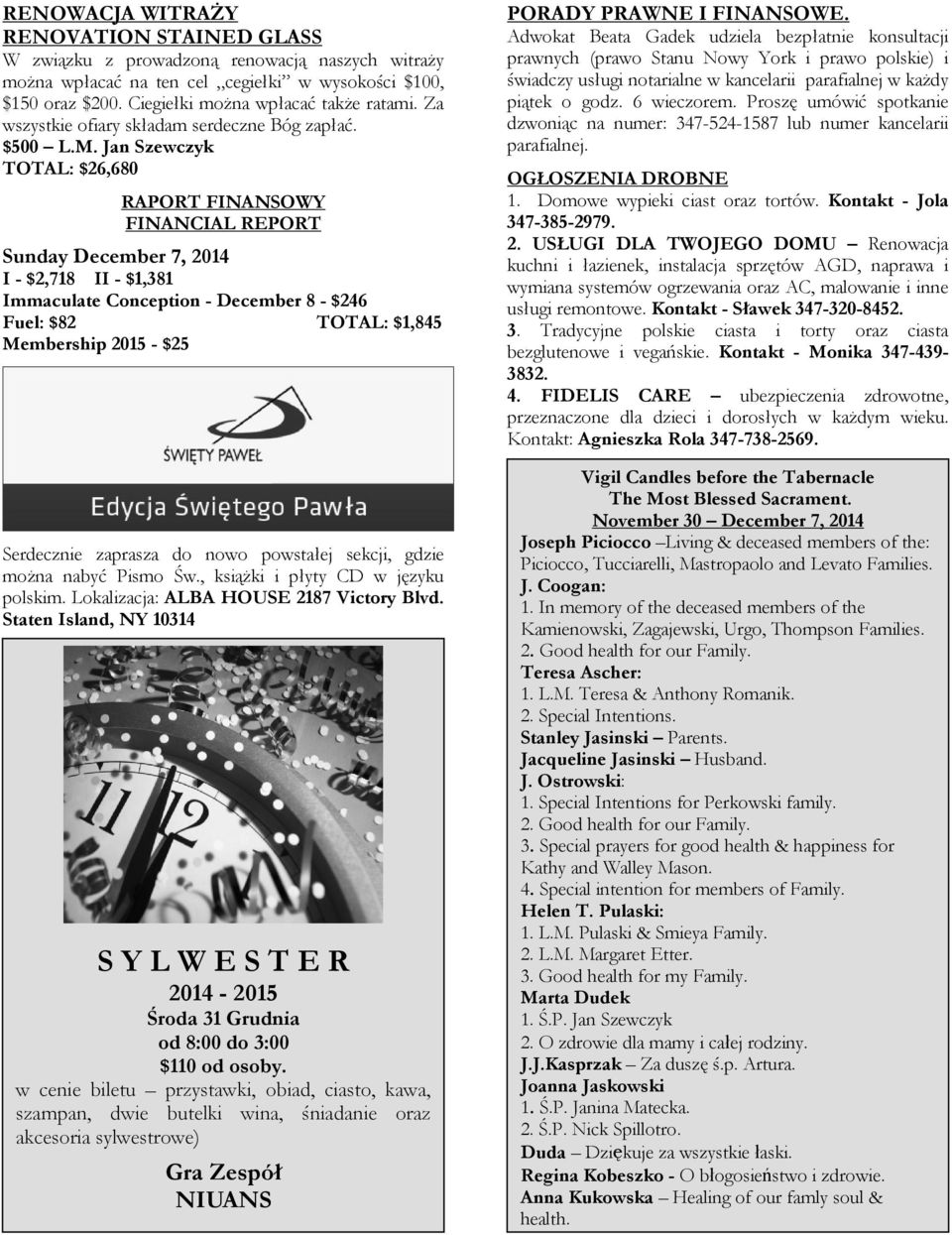 Jan Szewczyk TOTAL: $26,680 RAPORT FINANSOWY FINANCIAL REPORT Sunday December 7, 2014 I - $2,718 II - $1,381 Immaculate Conception - December 8 - $246 Fuel: $82 TOTAL: $1,845 Membership 2015 - $25
