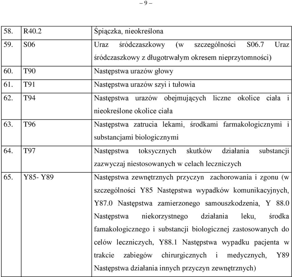 T96 Następstwa zatrucia lekami, środkami farmakologicznymi i substancjami biologicznymi 64. T97 Następstwa toksycznych skutków działania substancji zazwyczaj niestosowanych w celach leczniczych 65.