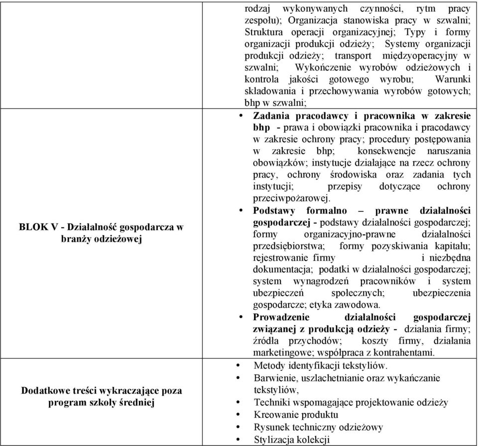 kontrola jakości gotowego wyrobu; Warunki składowania i przechowywania wyrobów gotowych; bhp w szwalni; Zadania pracodawcy i pracownika w zakresie bhp - prawa i obowiązki pracownika i pracodawcy w