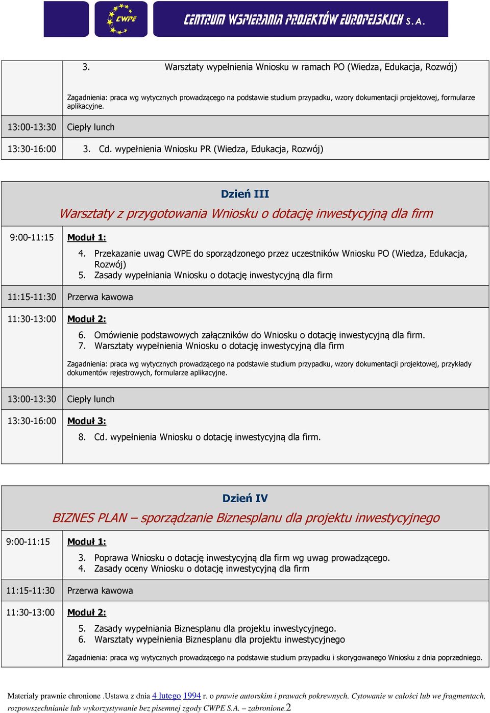 Przekazanie uwag CWPE do sporządzonego przez uczestników Wniosku PO (Wiedza, Edukacja, Rozwój) 5. Zasady wypełniania Wniosku o dotację inwestycyjną dla firm 6.