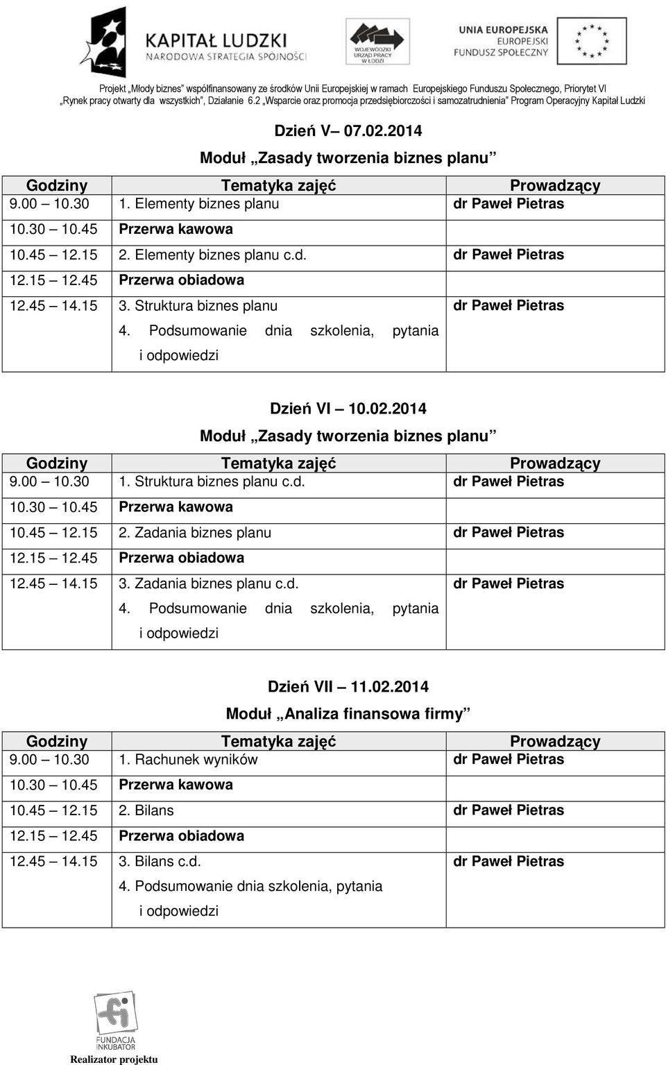 2014 Moduł Zasady tworzenia biznes planu 9.00 10.30 1. Struktura biznes planu c.d. 10.45 12.15 2.