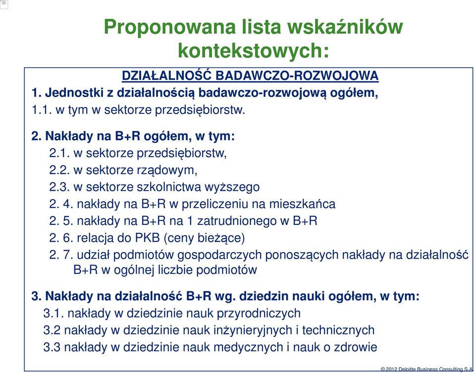 nakłady na B+R na 1 zatrudnionego w B+R 2. 6. relacja do PKB (ceny bieżące) 2. 7. udział podmiotów gospodarczych ponoszących nakłady na działalność B+R w ogólnej liczbie podmiotów 3.