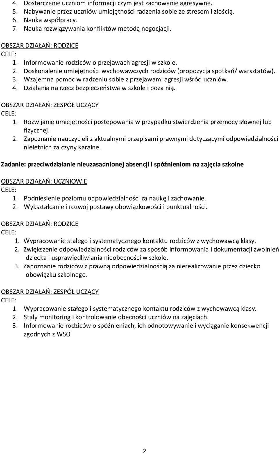 Doskonalenie umiejętności wychowawczych rodziców (propozycja spotkań/ warsztatów). 3. Wzajemna pomoc w radzeniu sobie z przejawami agresji wśród uczniów. 4.