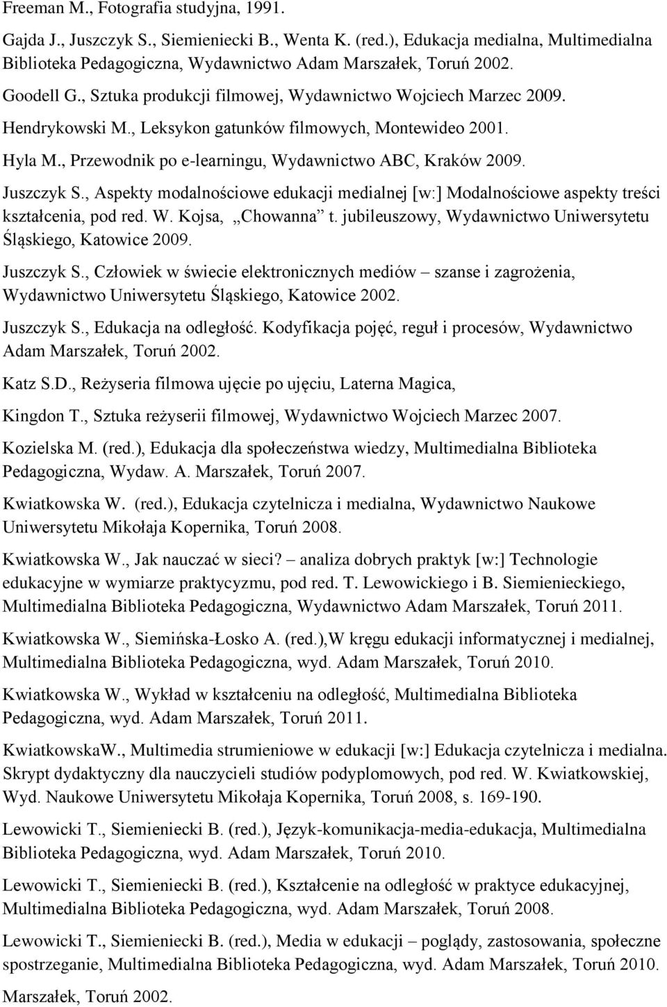 , Przewodnik po e-learningu, Wydawnictwo ABC, Kraków 2009. Juszczyk S., Aspekty modalnościowe edukacji medialnej [w:] Modalnościowe aspekty treści kształcenia, pod red. W. Kojsa, Chowanna t.