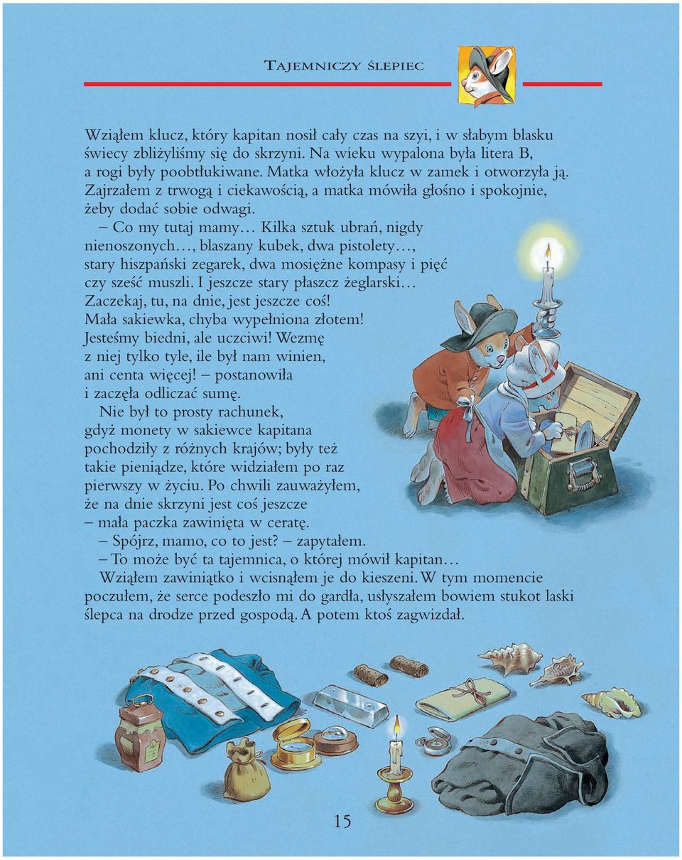 Co my tutaj mamy Kilka sztuk ubrań, nigdy nienoszonych, blaszany kubek, dwa pistolety, stary hiszpański zegarek, dwa mosiężne kompasy i pięć czy sześć muszli.