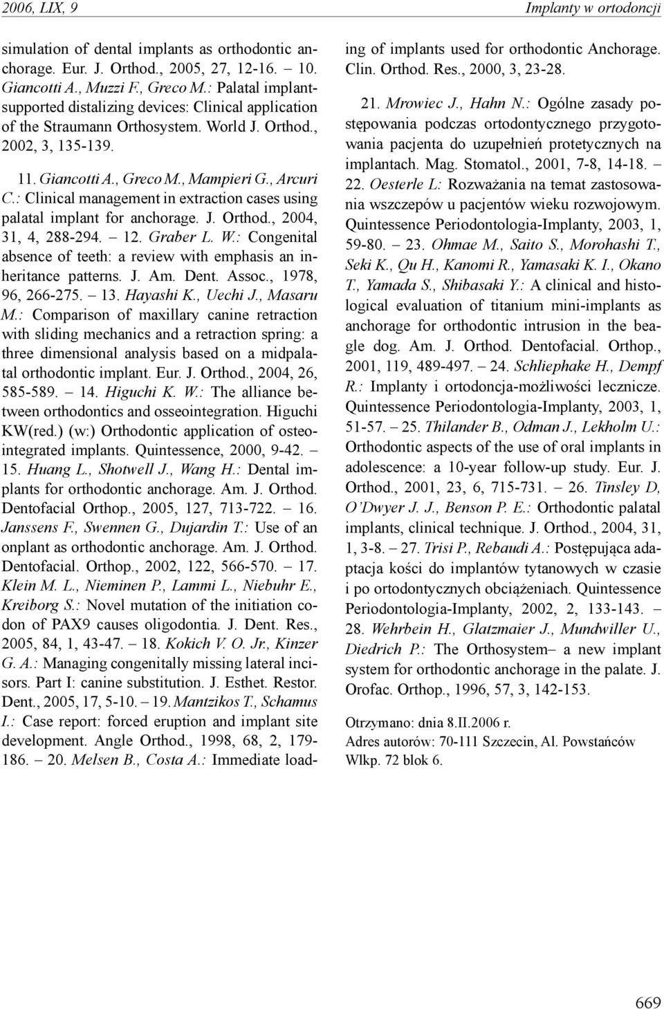: Clinical management in extraction cases using palatal implant for anchorage. J. Orthod., 2004, 31, 4, 288-294. 12. Graber L. W.