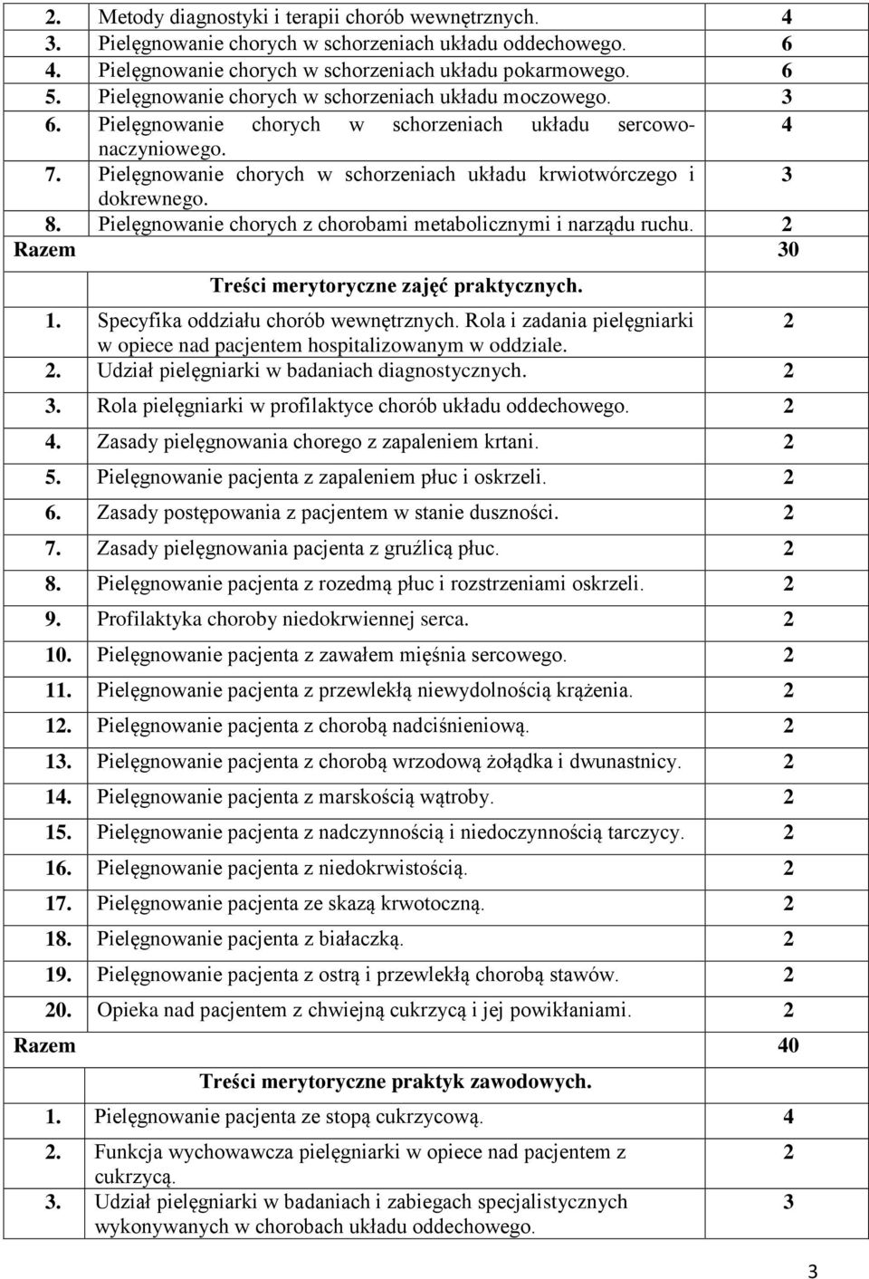 Pielęgnowanie chorych w schorzeniach układu krwiotwórczego i 3 dokrewnego. 8. Pielęgnowanie chorych z chorobami metabolicznymi i narządu ruchu. 2 Razem 30 Treści merytoryczne zajęć praktycznych. 1.