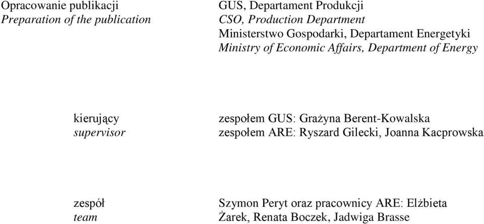 of Energy kierujący supervisor zespołem GUS: Grażyna Berent-Kowalska zespołem ARE: Ryszard Gilecki,