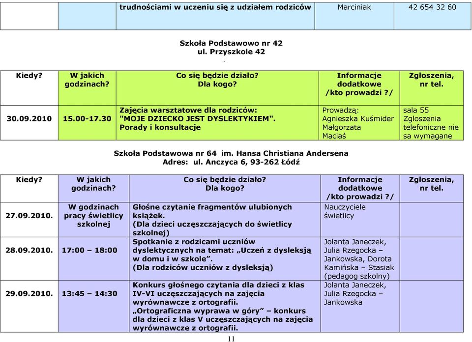 Porady i konsultacje Prowadzą: Agnieszka Kuśmider Małgorzata Maciaś sala 55 Zgloszenia telefoniczne nie sa wymagane Szkoła Podstawowa nr 64 im. Hansa Christiana Andersena Adres: ul.