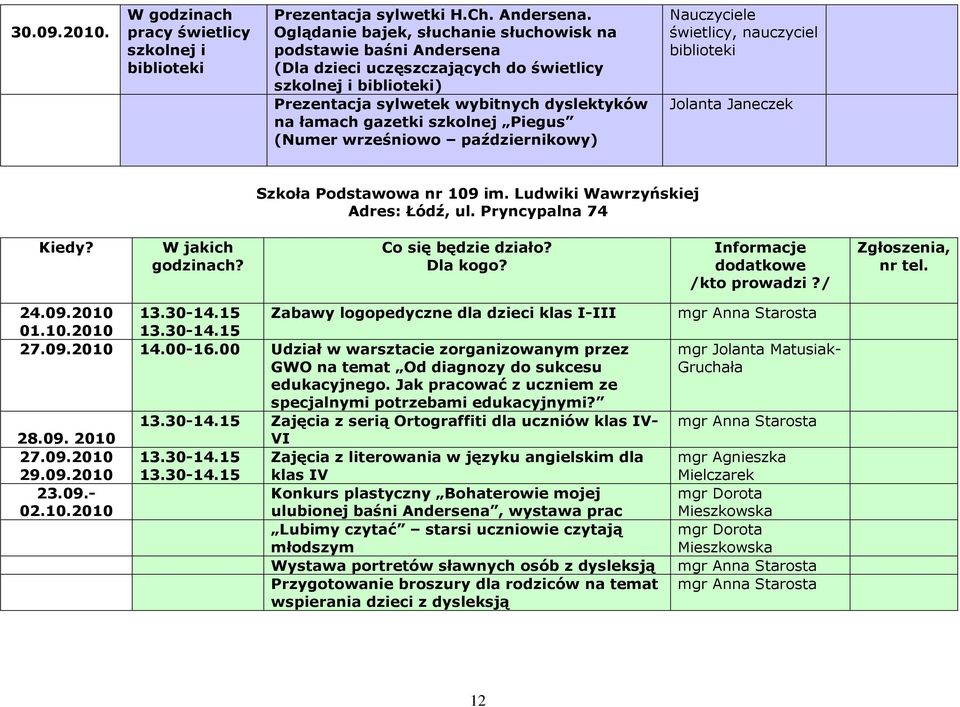 szkolnej Piegus (Numer wrześniowo październikowy) Nauczyciele świetlicy, nauczyciel biblioteki Jolanta Janeczek Szkoła Podstawowa nr 109 im. Ludwiki Wawrzyńskiej Adres: Łódź, ul. Pryncypalna 74 24.09.2010 13.