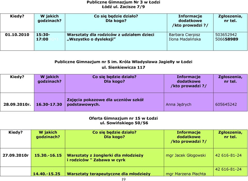 5 im. Króla Władysława Jagiełły w Łodzi ul. Sienkiewicza 117 28.09.2010r. 16.30-17.30 Zajęcia pokazowe dla uczniów szkół podstawowych.