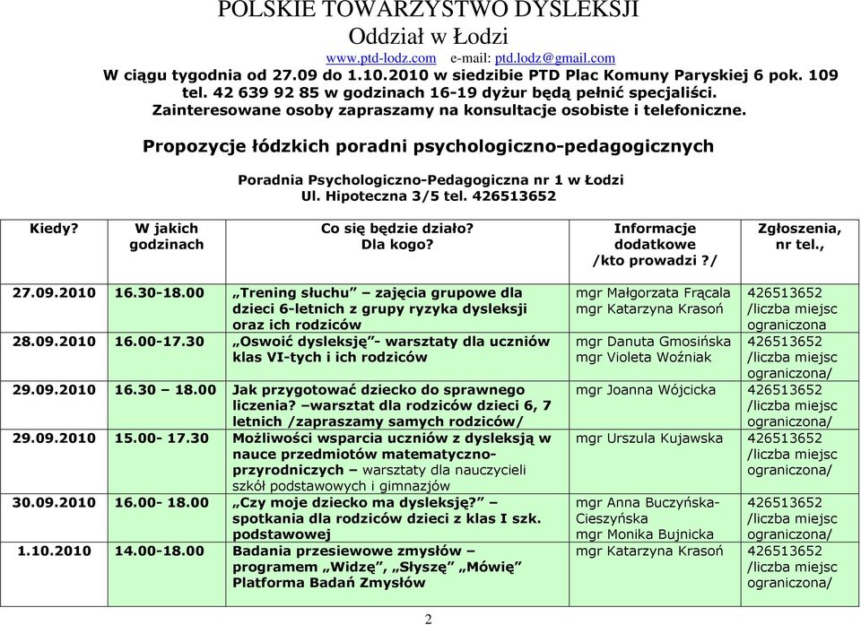 Propozycje łódzkich poradni psychologiczno-pedagogicznych Poradnia Psychologiczno-Pedagogiczna nr 1 w Łodzi Ul. Hipoteczna 3/5 tel. 426513652 godzinach, 27.09.2010 16.30-18.