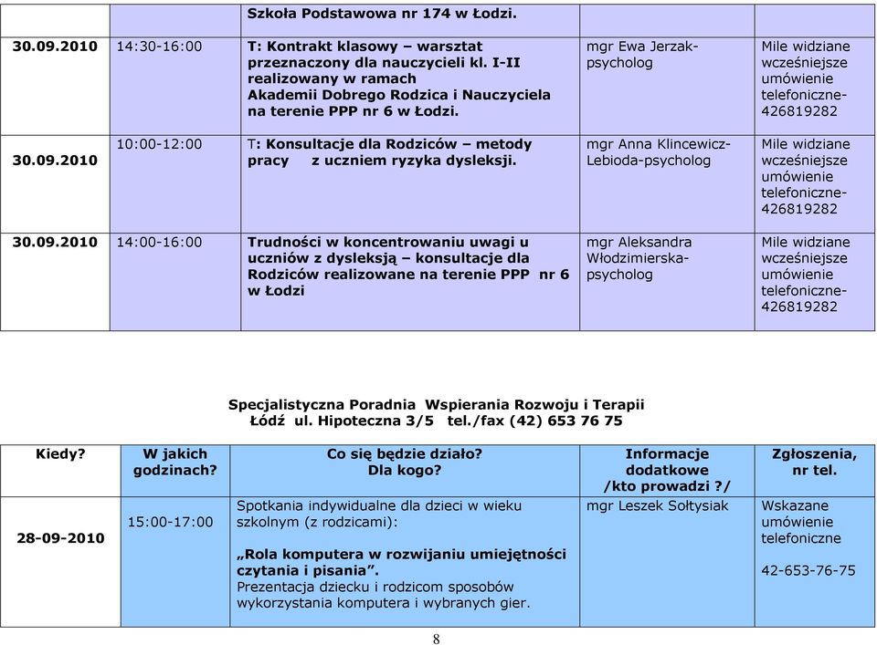 2010 10:00-12:00 T: Konsultacje dla Rodziców metody pracy z uczniem ryzyka dysleksji. mgr Anna Klincewicz- Lebioda-psycholog Mile widziane wcześniejsze umówienie telefoniczne- 426819282 30.09.