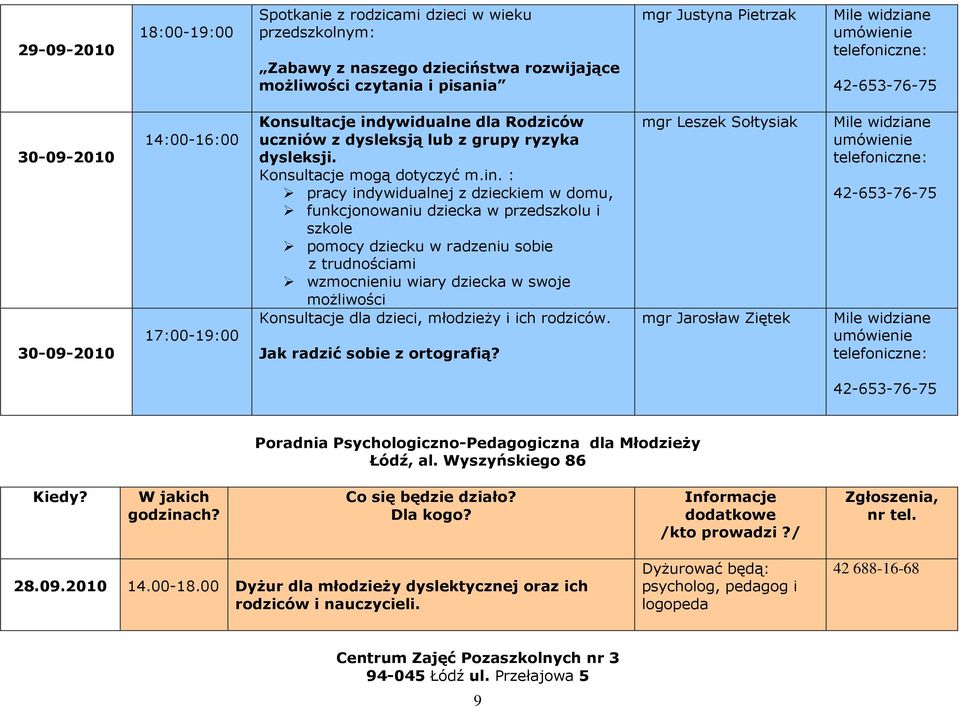 ywidualne dla Rodziców uczniów z dysleksją lub z grupy ryzyka dysleksji. Konsultacje mogą dotyczyć m.in.