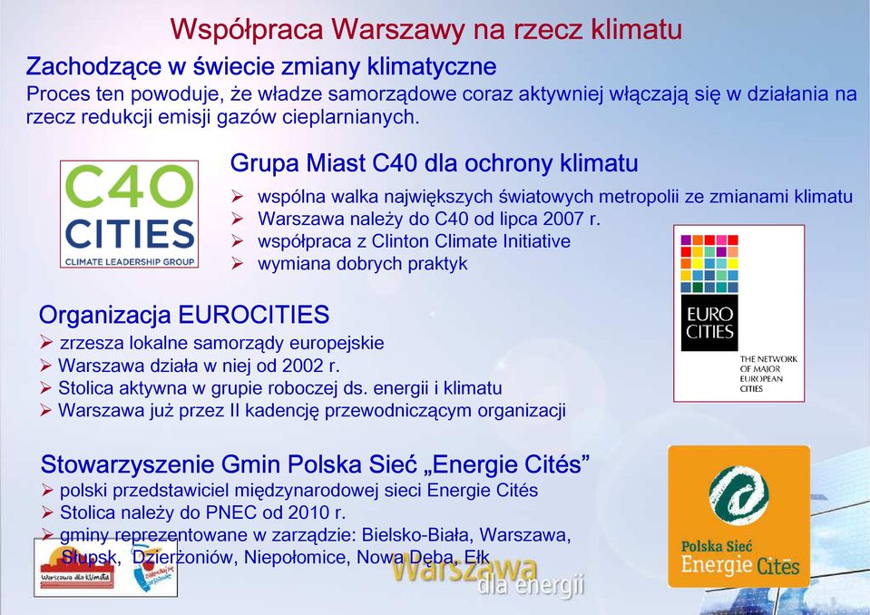 wspó praca z Clinton Climate Initiative wymiana dobrych praktyk zrzesza lokalne samorządy europejskie Warszawa dzia a w niej od 2002 r. Stolica aktywna w grupie roboczej ds.