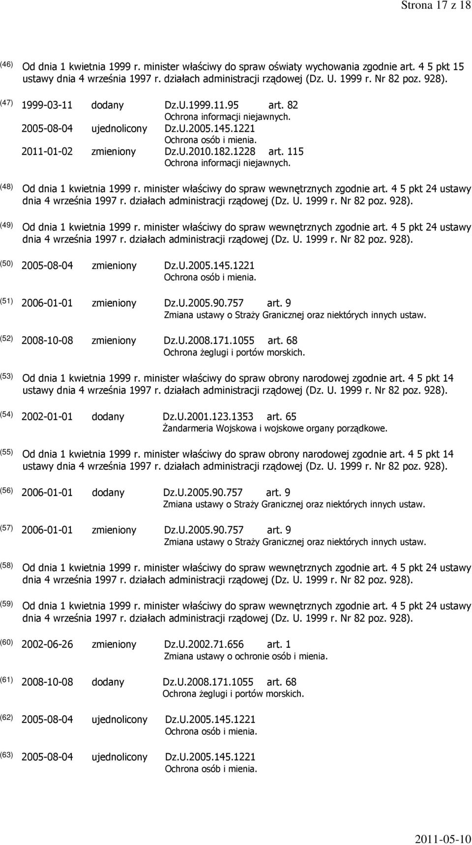 (48) (49) (50) 2005-08-04 zmieniony Dz.U.2005.145.1221 Ochrona osób i mienia. (51) 2006-01-01 zmieniony Dz.U.2005.90.757 art. 9 Zmiana ustawy o Straży Granicznej oraz niektórych innych ustaw.