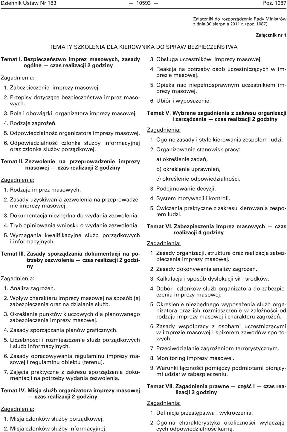 Rodzaje zagrożeń. 5. Odpowiedzialność organizatora imprezy 6. Odpowiedzialność członka służby informacyjnej oraz członka służby porządkowej. Temat II.