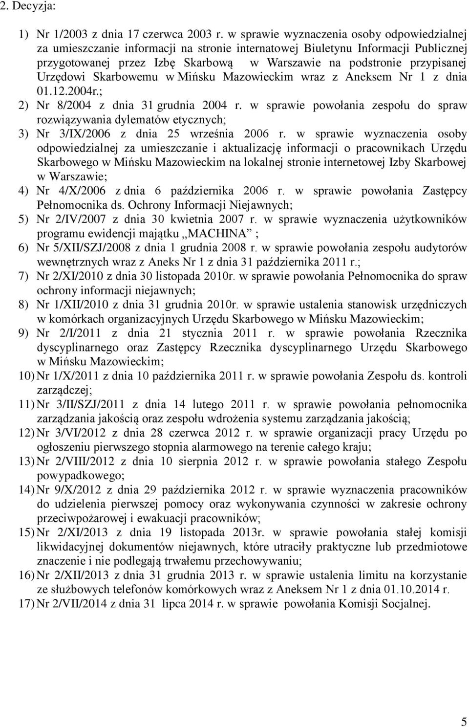 Urzędowi Skarbowemu w Mińsku Mazowieckim wraz z Aneksem Nr 1 z dnia 01.12.2004r.; 2) Nr 8/2004 z dnia 31 grudnia 2004 r.