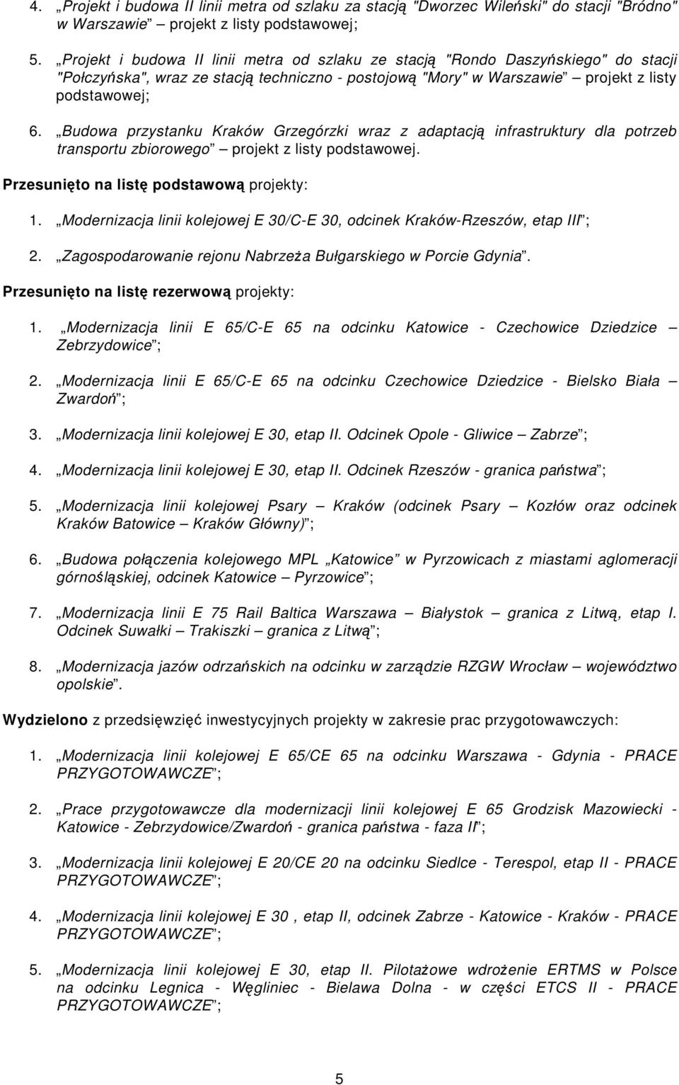 Budowa przystanku Kraków Grzegórzki wraz z adaptacją infrastruktury dla potrzeb transportu zbiorowego projekt z listy podstawowej. Przesunięto na listę podstawową projekty: 1.