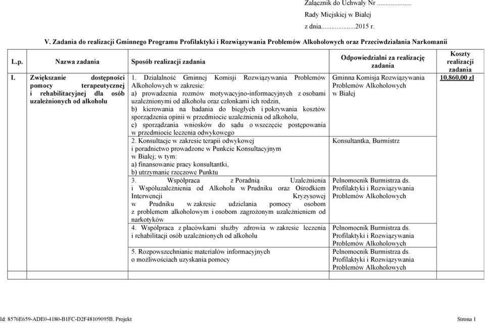 Działalność Gminnej Komisji Rozwiązywania Problemów Alkoholowych w zakresie: a) prowadzenia rozmów motywacyjno-informacyjnych z osobami uzależnionymi od alkoholu oraz członkami ich rodzin, b)