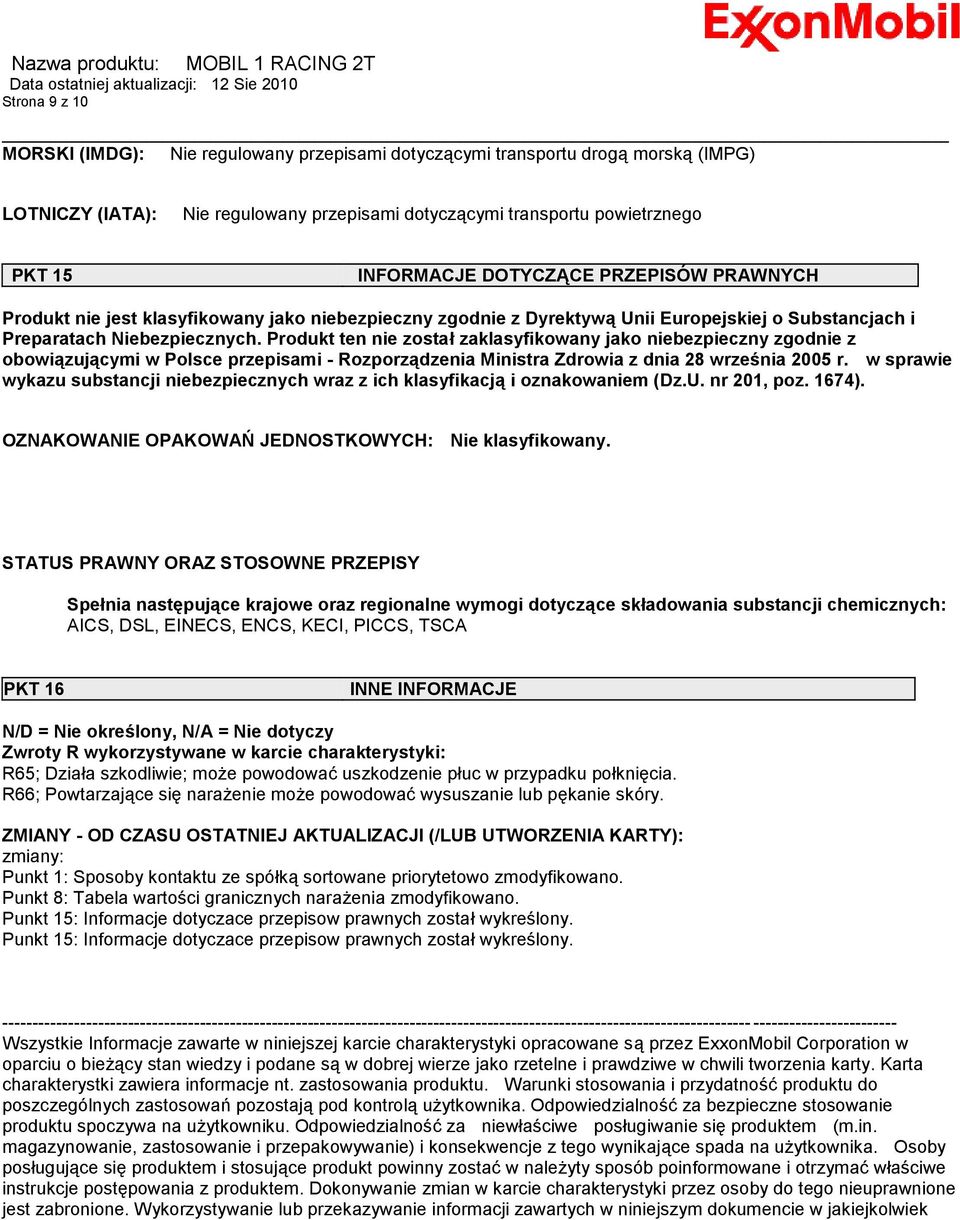 Produkt ten nie został zaklasyfikowany jako niebezpieczny zgodnie z obowiązującymi w Polsce przepisami - Rozporządzenia Ministra Zdrowia z dnia 28 września 2005 r.