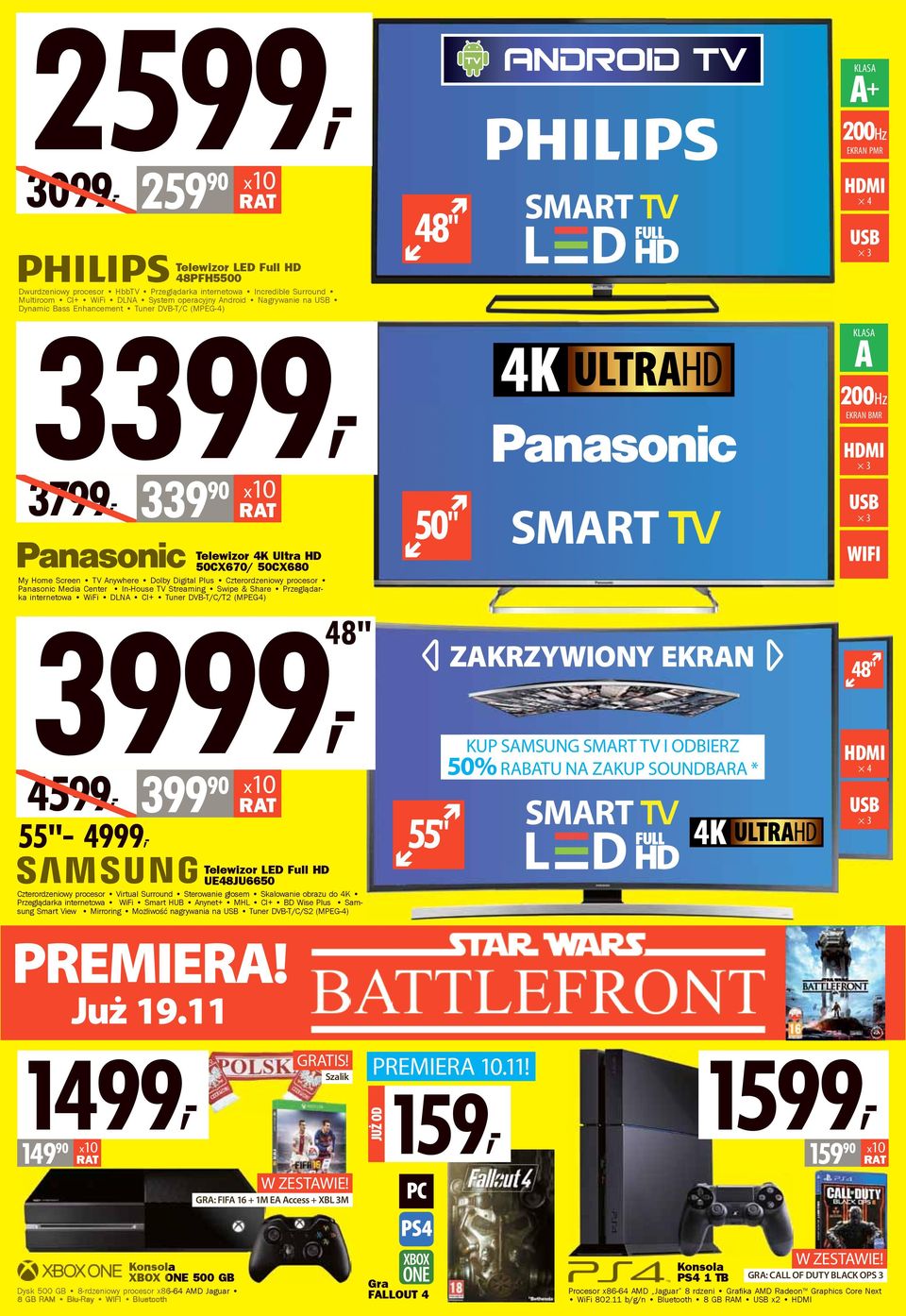 In-House TV Streaming Swipe & Share Przeglądarka internetowa WiFi DLNA CI+ Tuner DVB-T/C/T2 (MPEG4) 3999, 4599, 399 90 Telewizor LED Full HD UE48JU6650 Czterordzeniowy procesor Virtual Surround
