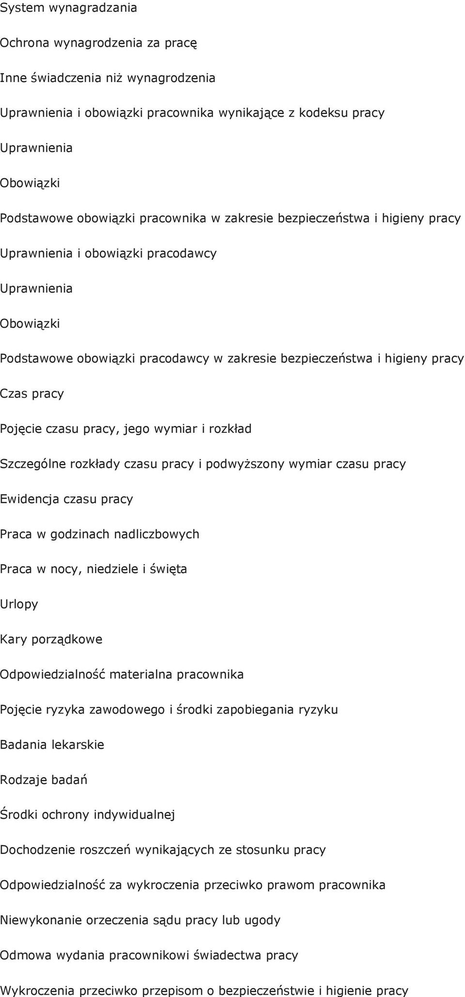 Pojęcie czasu pracy, jego wymiar i rozkład Szczególne rozkłady czasu pracy i podwyższony wymiar czasu pracy Ewidencja czasu pracy Praca w godzinach nadliczbowych Praca w nocy, niedziele i święta