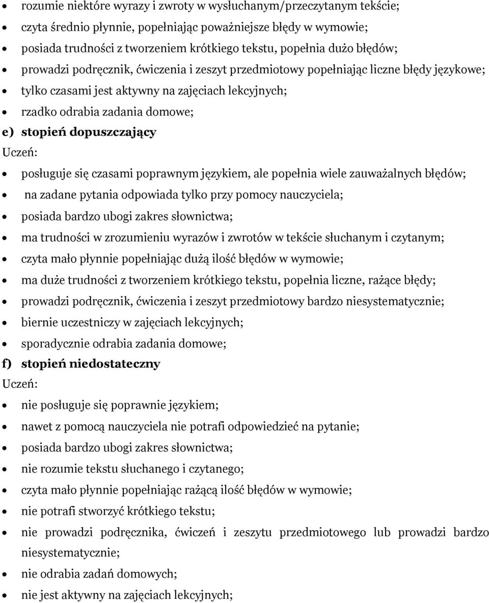 dopuszczający posługuje się czasami poprawnym językiem, ale popełnia wiele zauważalnych błędów; na zadane pytania odpowiada tylko przy pomocy nauczyciela; ma trudności w zrozumieniu wyrazów i zwrotów